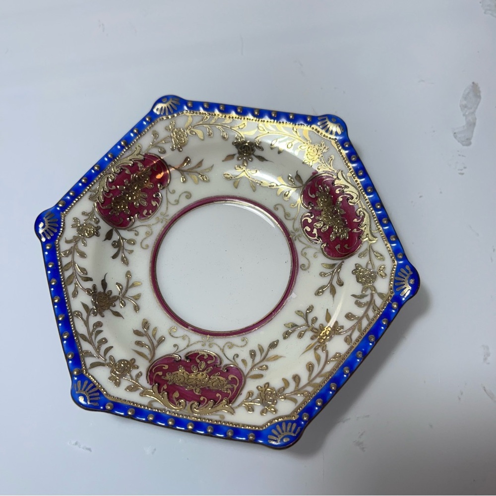 Japanese Ornate Gilt Porcelain Tea Cup & Saucer - Pink, Blue, Gold miniature - Picture 9 of 10